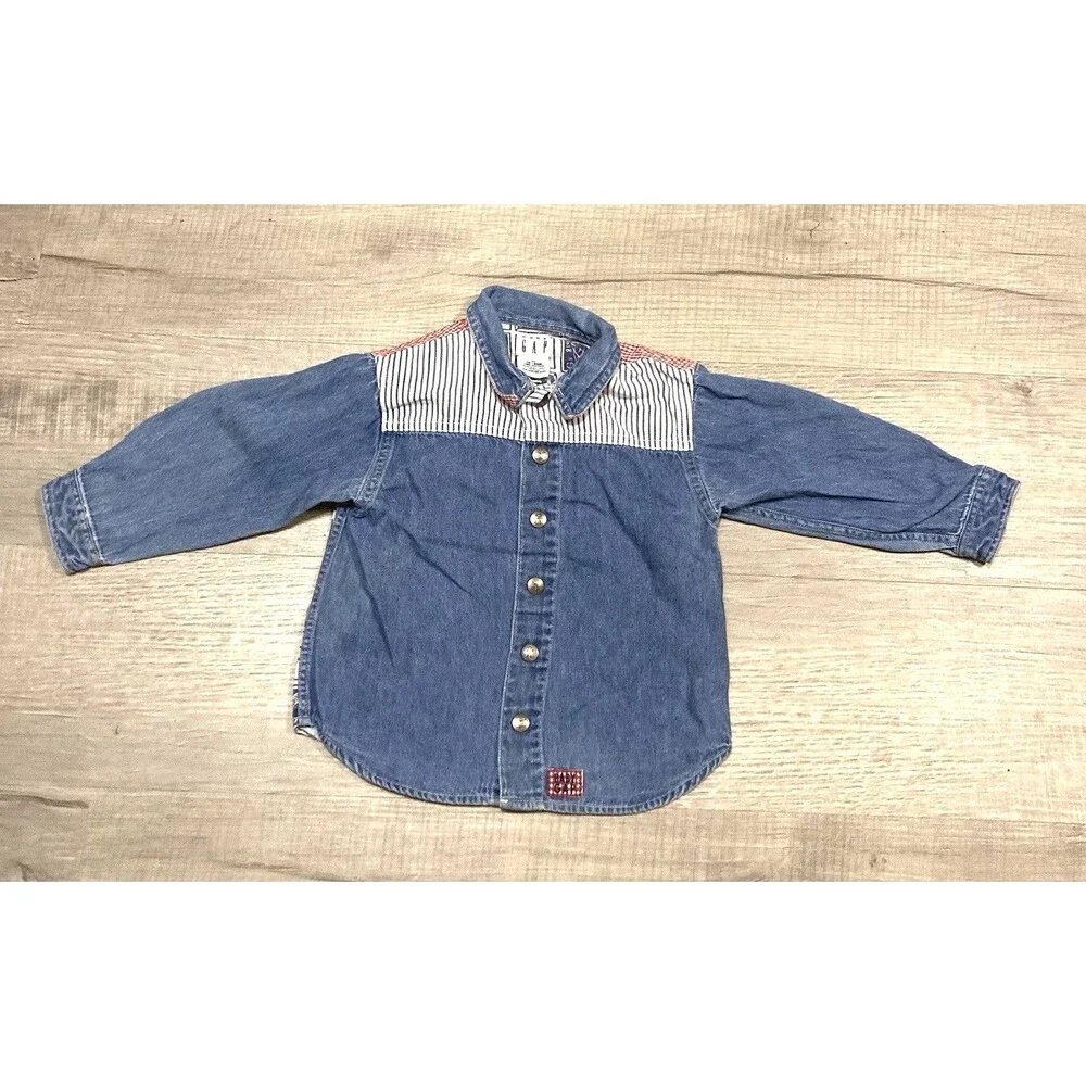 Vintage 90 Baby Gap Boys Stripe Denim Overalls & Shirt XL 18-24 Months Snaps